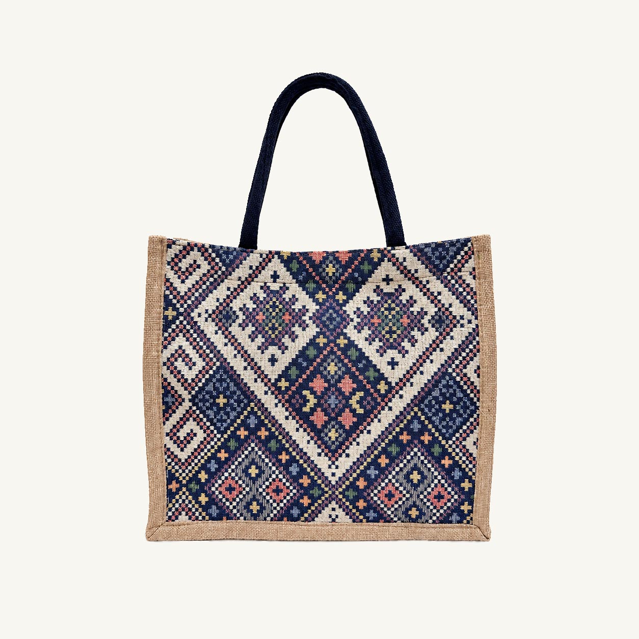 Bohemian geometric woven canvas tote bag in navy and natural, front view