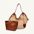 Natural straw beach bag with matching brown vegan leather pouch