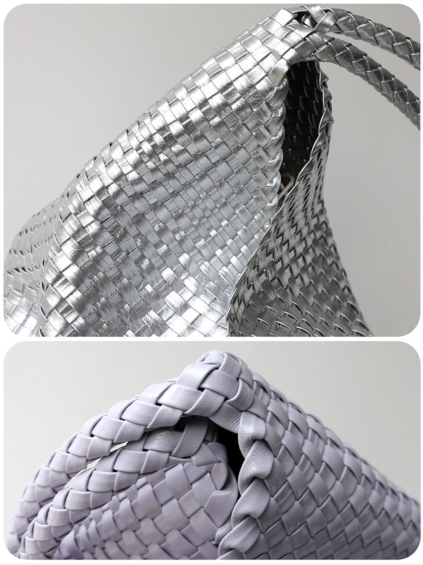Close-up of artisan woven vegan leather handbag texture