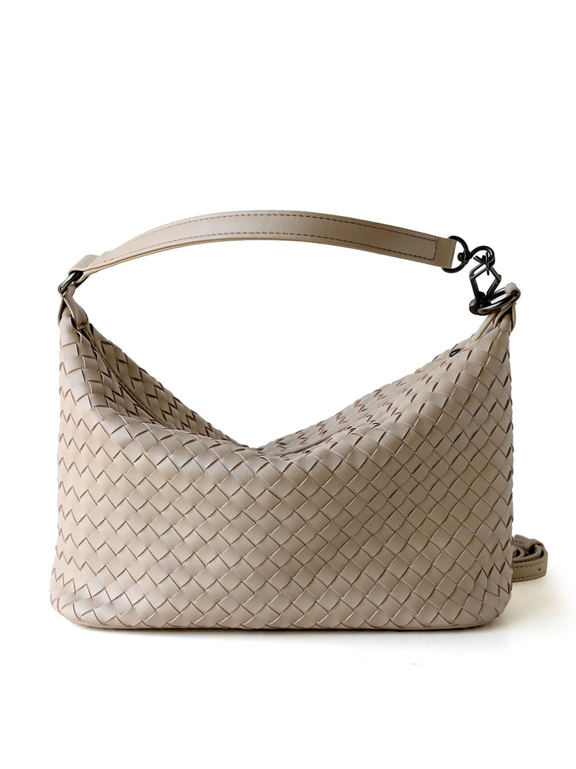 Beige taupe woven genuine leather hobo bag
