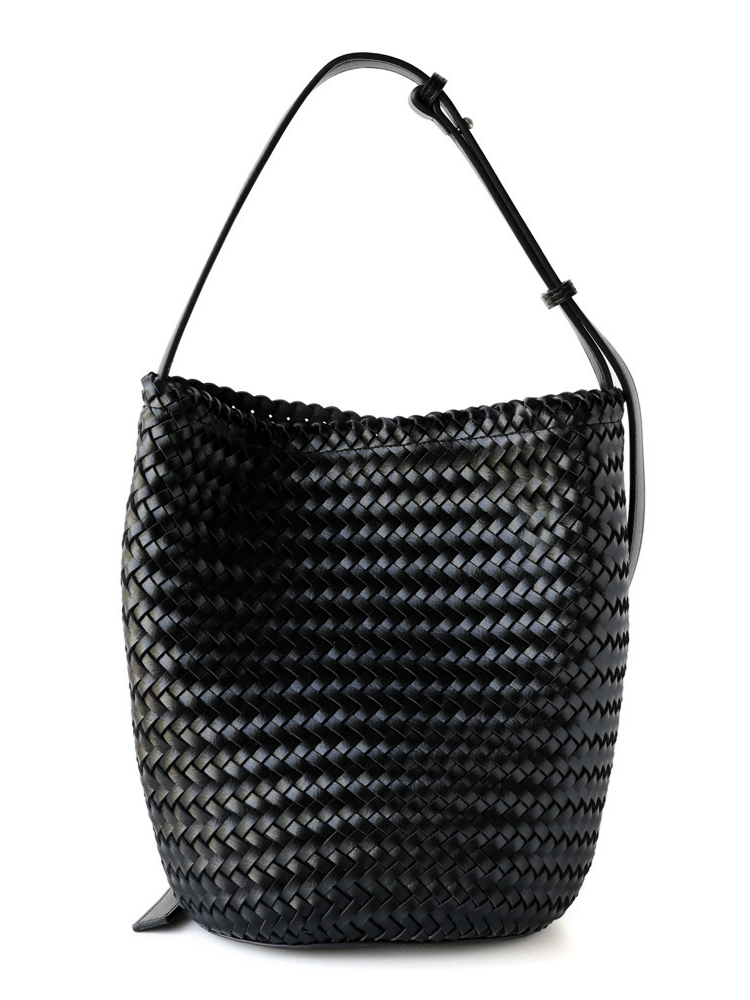 Black minimalist handwoven vegan leather tote bag, showcasing effortless city style.