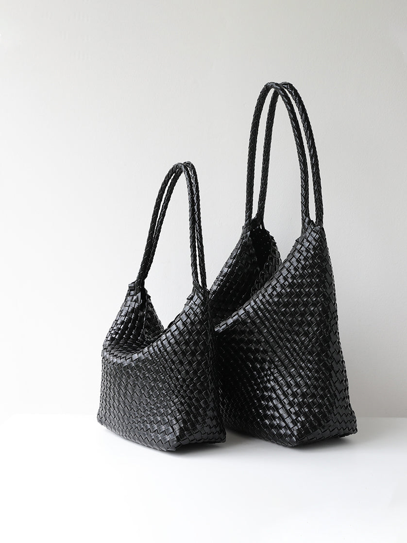Black woven vegan leather tote bag shown in size options