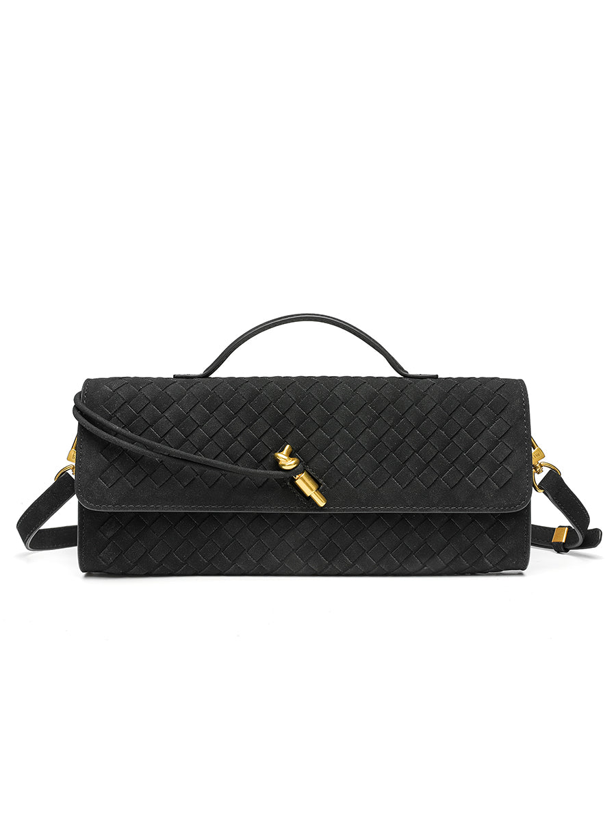 Front view of the classic black woven vegan leather baguette clutch with striking contrast gold hardware.