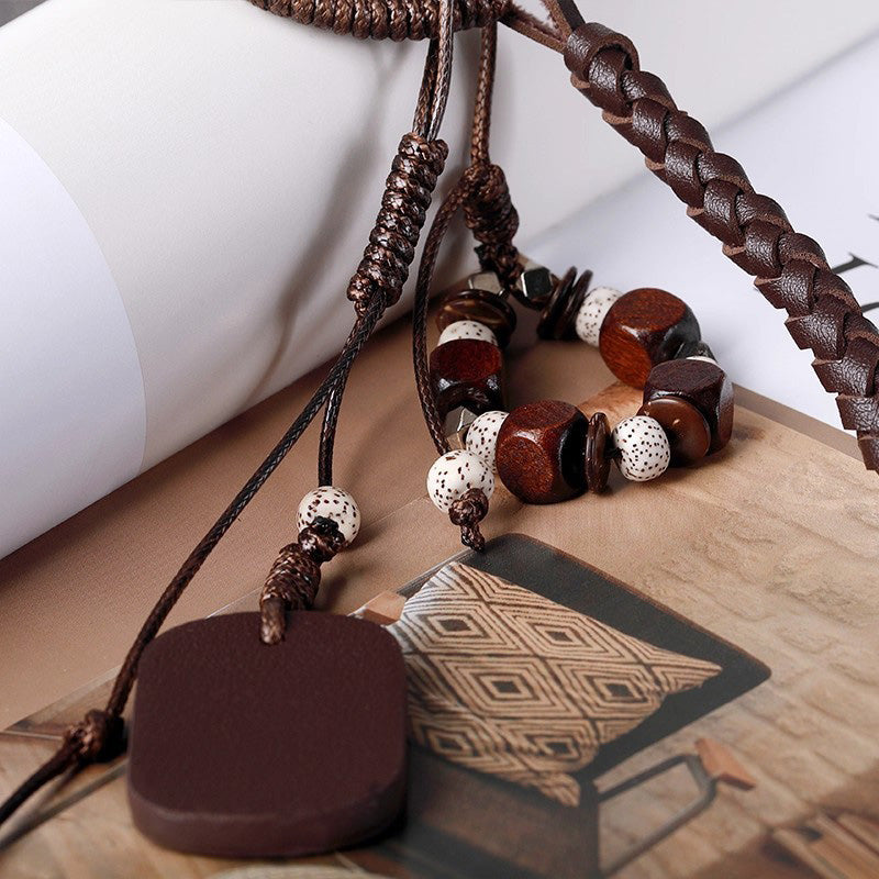 Brown PU beaded bag charm detail