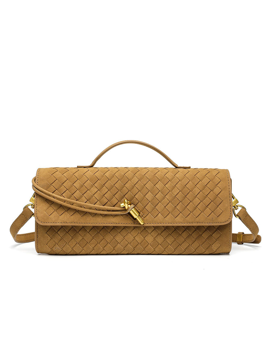 Classic brown woven vegan leather shoulder bag with a distinct flat weave texture and a sophisticated gold knot closure.