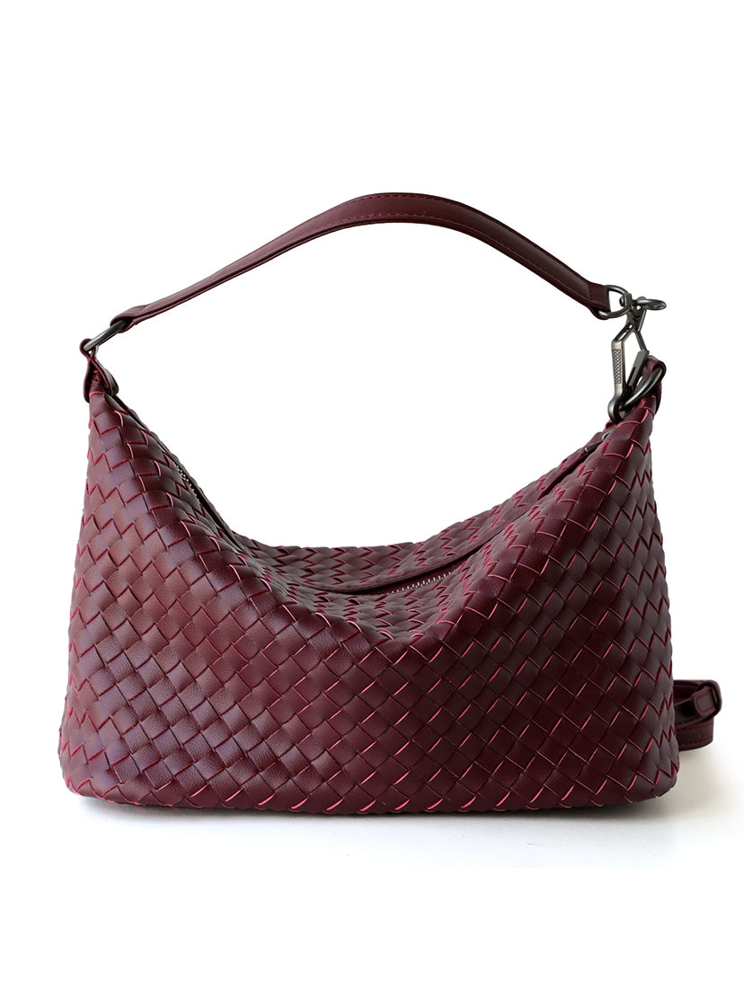 Burgundy red genuine leather woven handbag