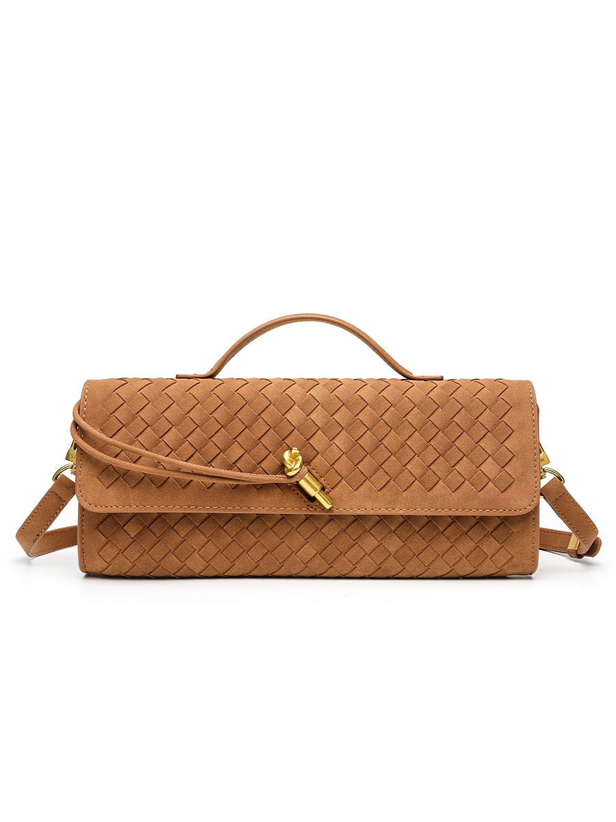 Front view of the caramel tan matte vegan leather woven flap bag, designed for versatile crossbody or elegant evening wear.