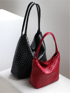Black and red chunky woven vegan leather tote bags