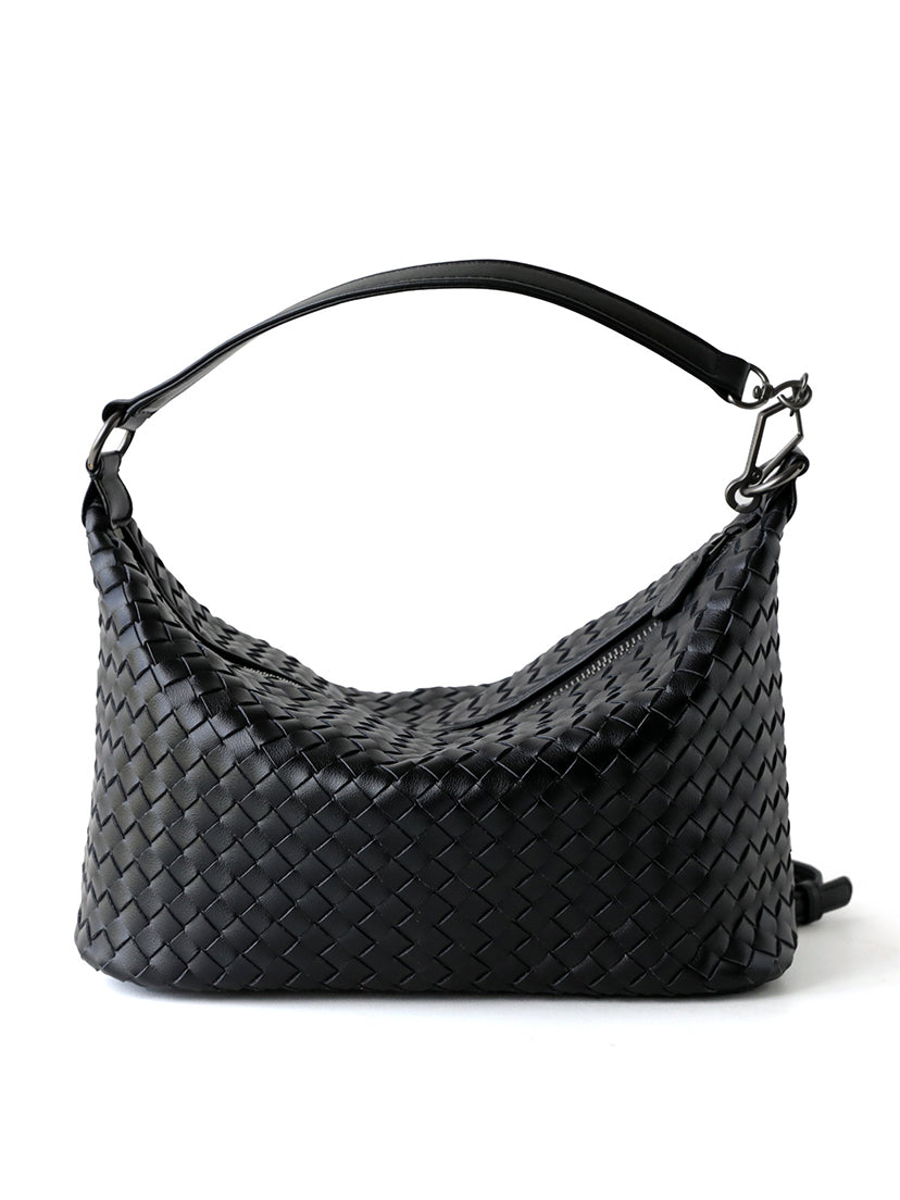 Classic black genuine leather woven shoulder bag