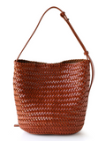 Classic brown handmade woven vegan leather shoulder bag with a clean, unlined interior.