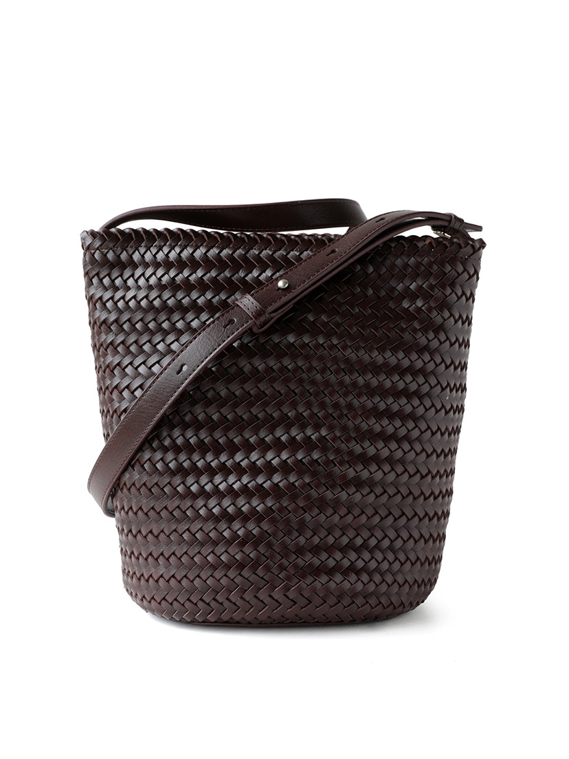 Dark brown artisan handwoven vegan leather tote bag with a structured minimalist design.