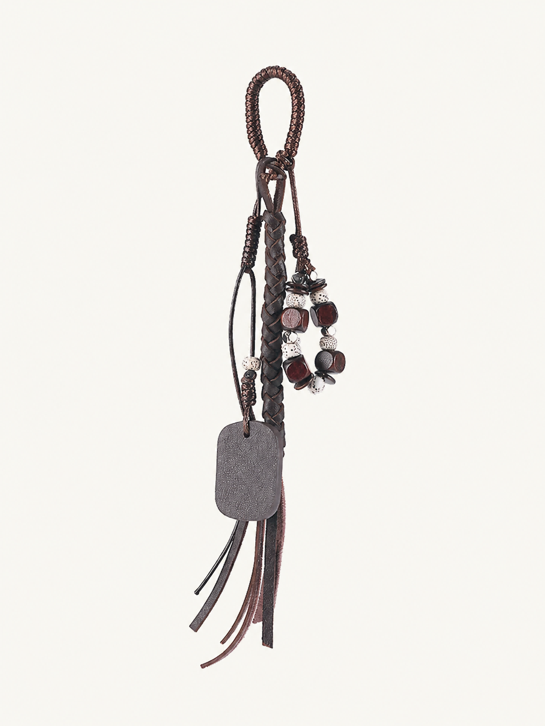 Dark brown vegan leather beaded tassel bag charm with braided cord and decorative beads