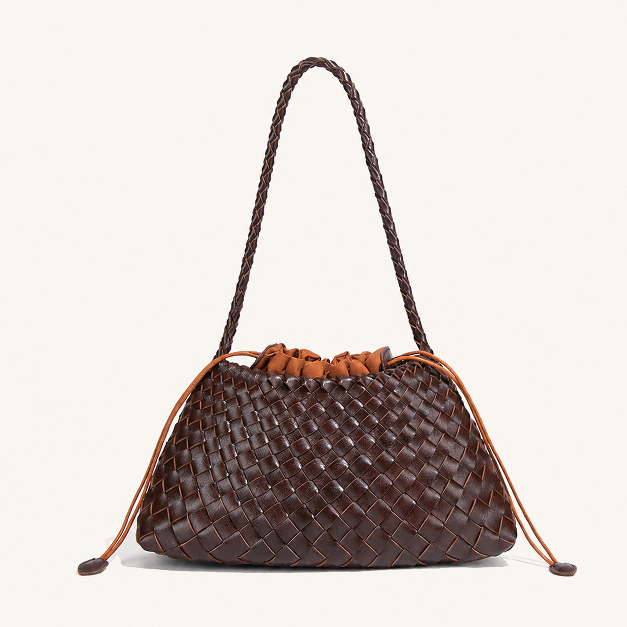 Dark brown woven vegan leather shoulder bag with soft curved silhouette