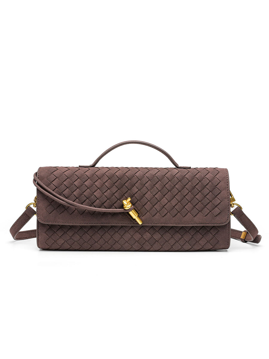 Rich dark mocha brown woven vegan leather baguette bag, perfect for effortlessly elevating your everyday city style.