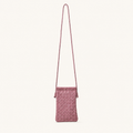 Front view of a dusty rose pink woven vegan leather crossbody phone bag with a long strap