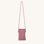 Front view of a dusty rose pink woven vegan leather crossbody phone bag with a long strap