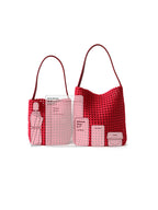 Size and capacity visual guide for the red genuine leather lattice woven tote bag, easily fitting a 13-inch MacBook and daily essentials.