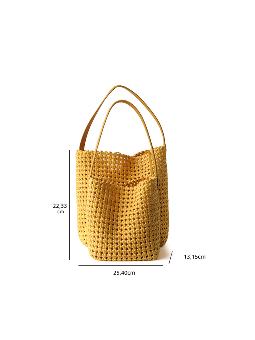 Precise dimension guide for the genuine leather lattice woven tote bag, detailing the exact height, width, and depth for both small and large sizes.