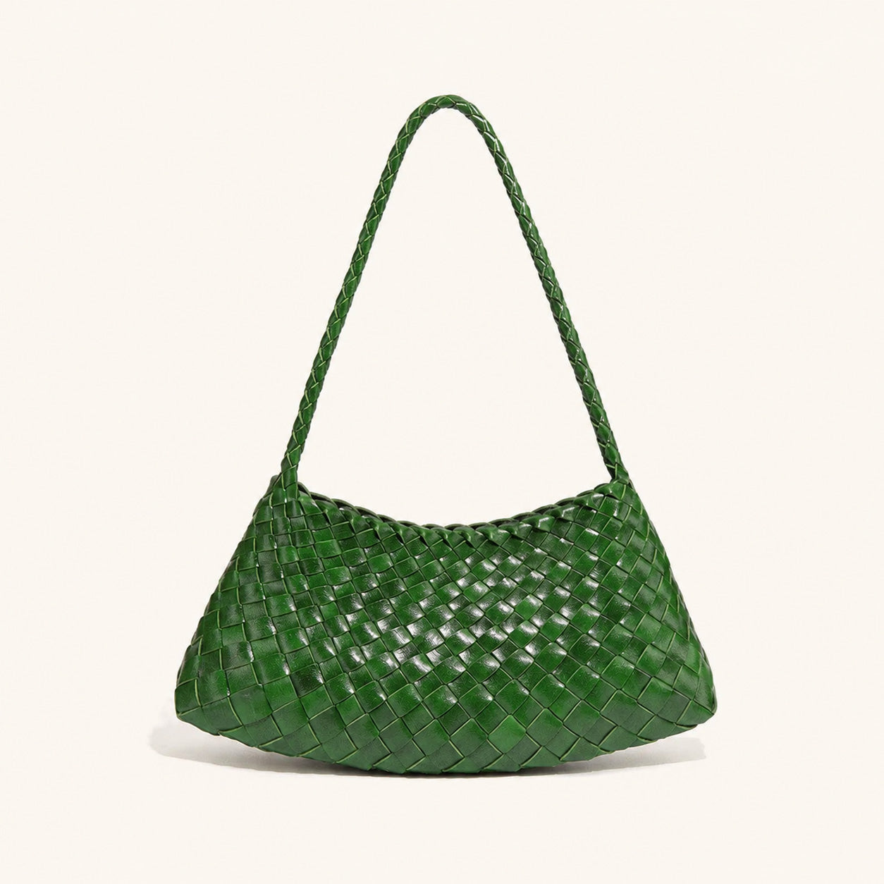 Green woven vegan leather shoulder bag with braided texture and long handle