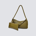 Olive green woven shoulder bag displayed next to its matching vegan leather zip pouch