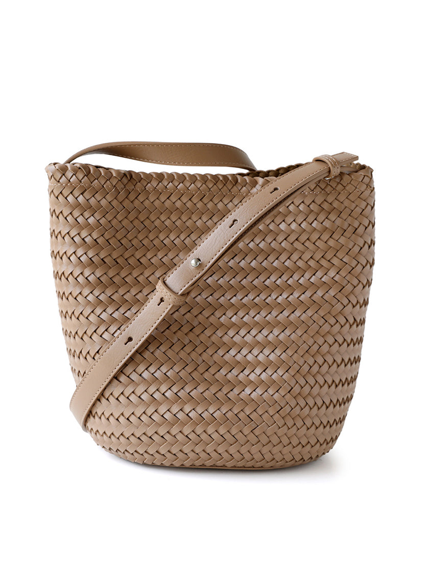 Front view of the khaki handwoven vegan leather tote bag, featuring a premium adjustable shoulder strap.