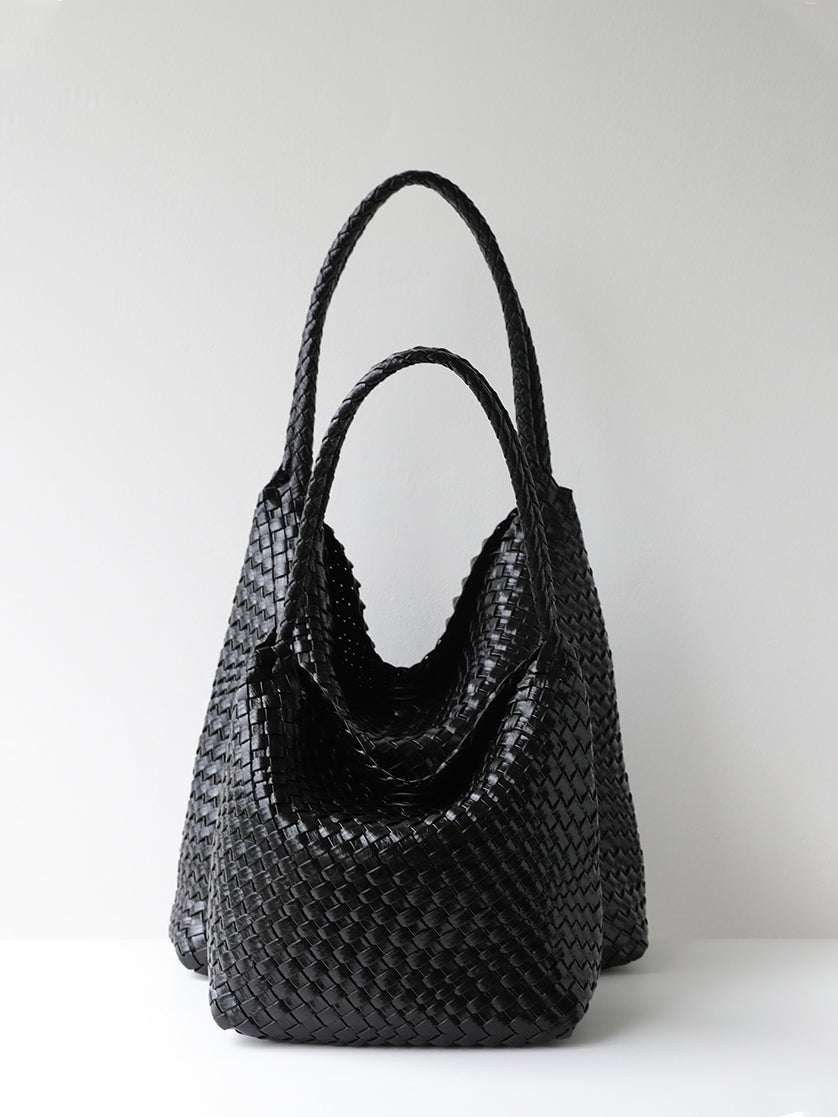 Large black handmade woven vegan leather shoulder bag