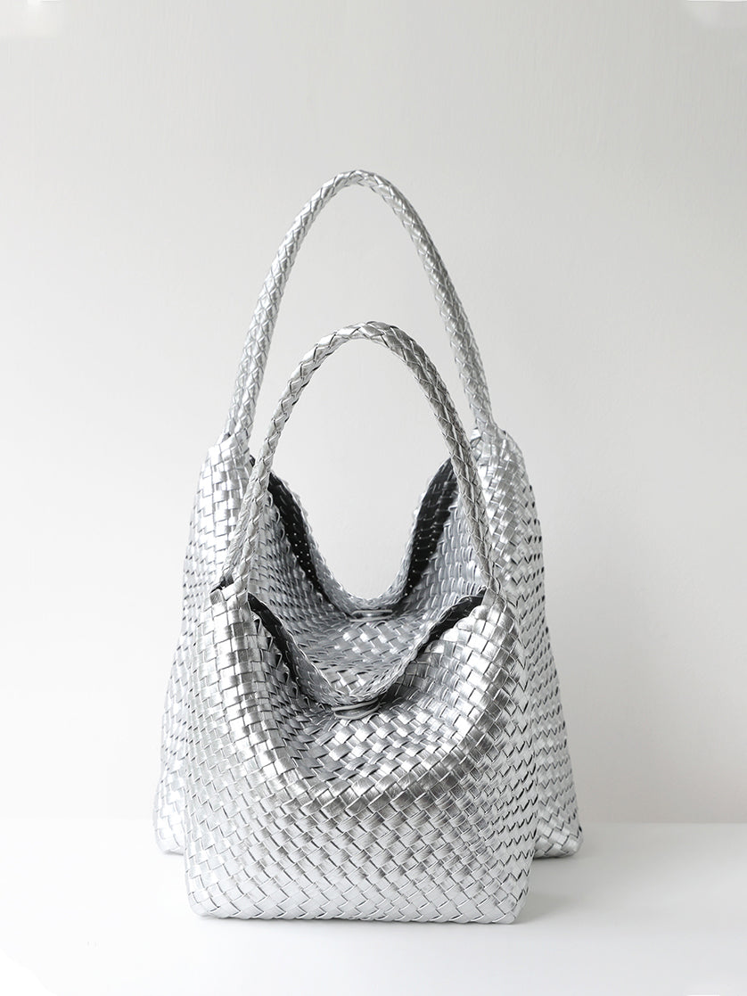 Large metallic silver handmade woven vegan leather shoulder bag