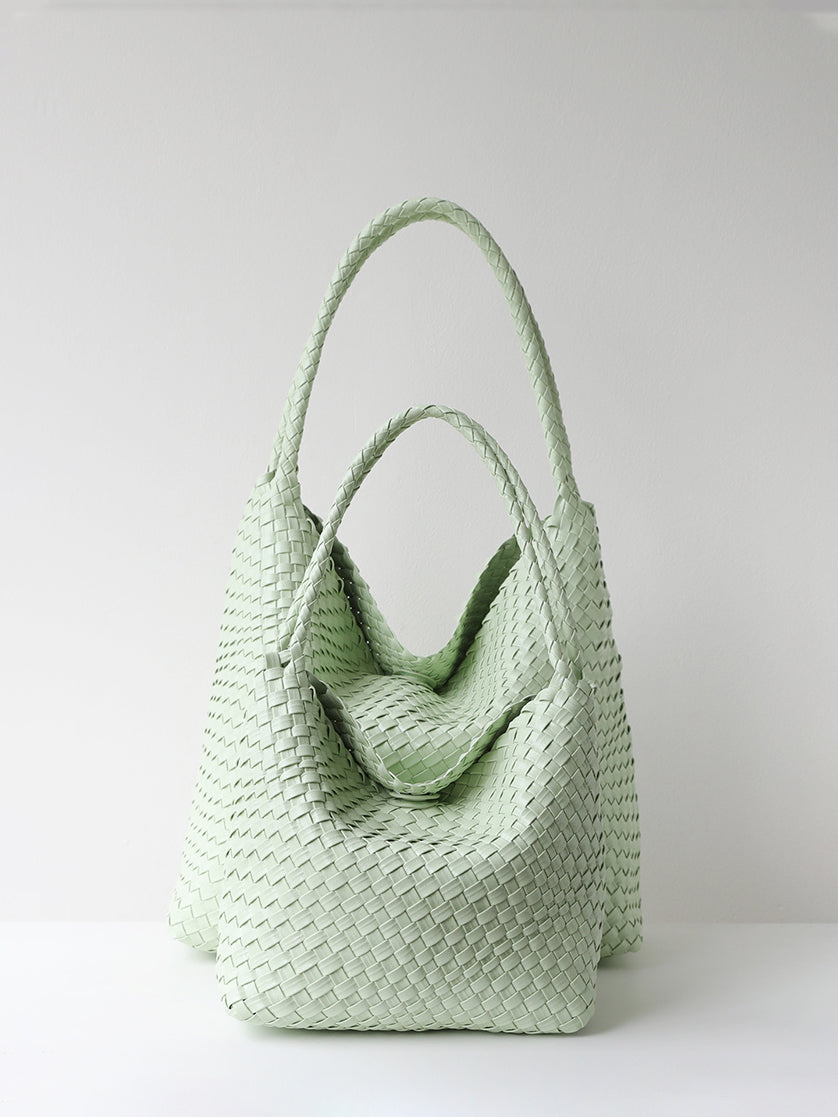 Large mint green handmade woven vegan leather shoulder bag