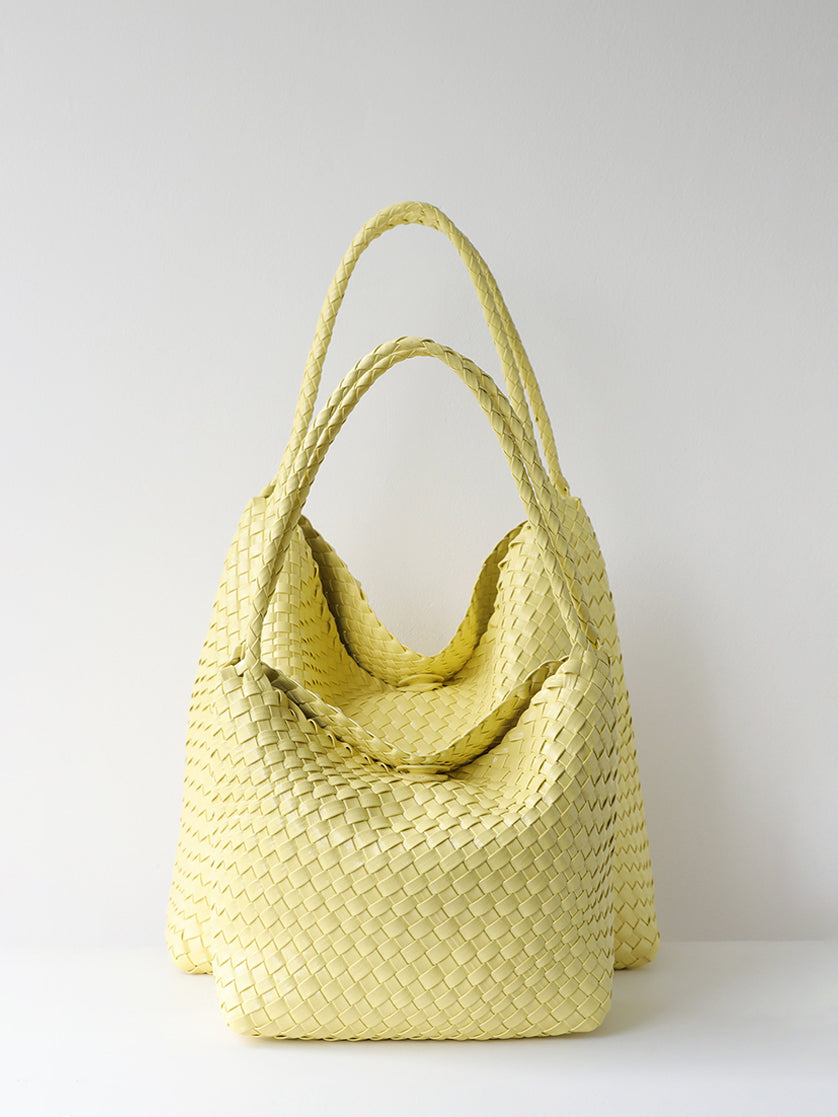 Large pale yellow handmade woven vegan leather shoulder bag