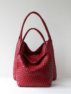 Large red handmade woven vegan leather shoulder bag