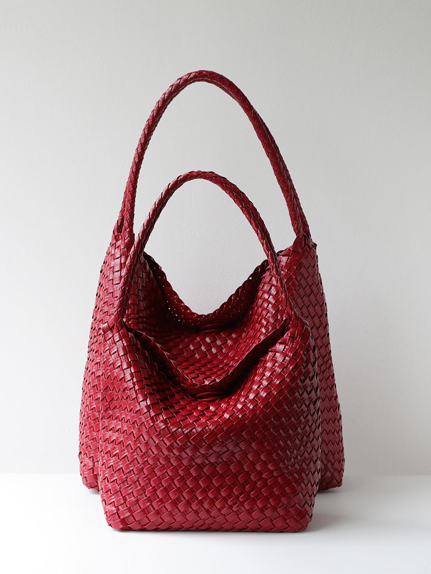 Large red handmade woven vegan leather shoulder bag