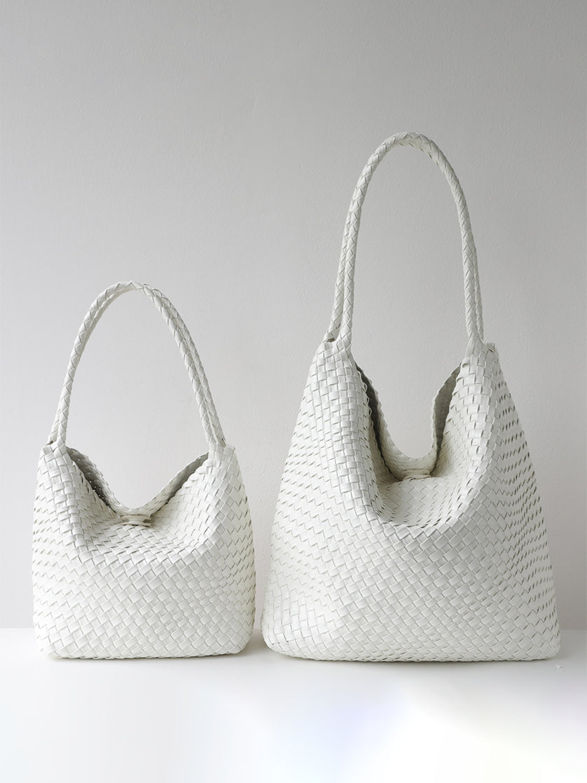Large white handmade woven vegan leather shoulder bag