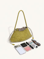 Lemon yellow woven vegan leather shoulder bag with phone and daily essentials
