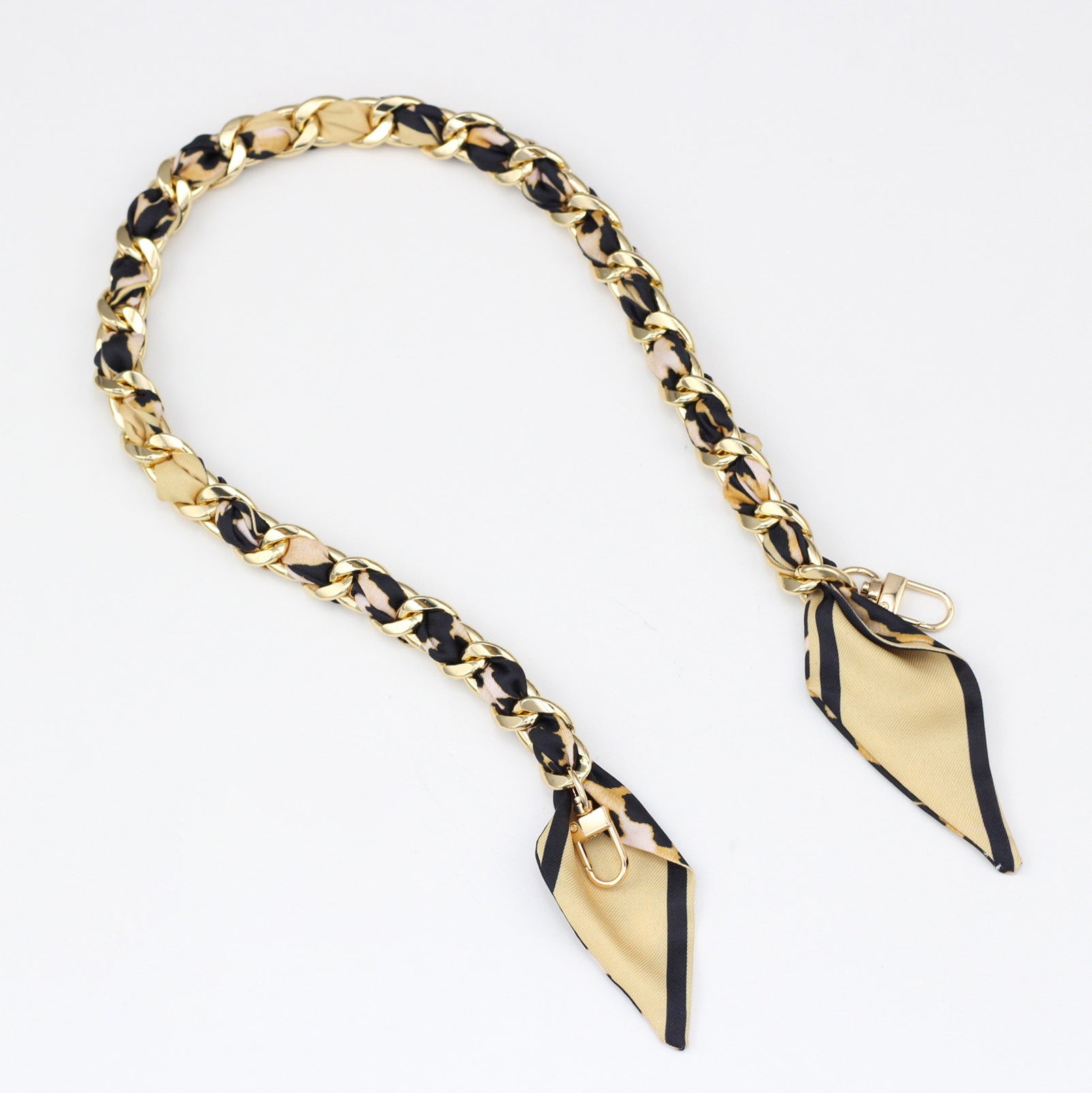 Leopard and beige print silk ribbon woven metal purse chain