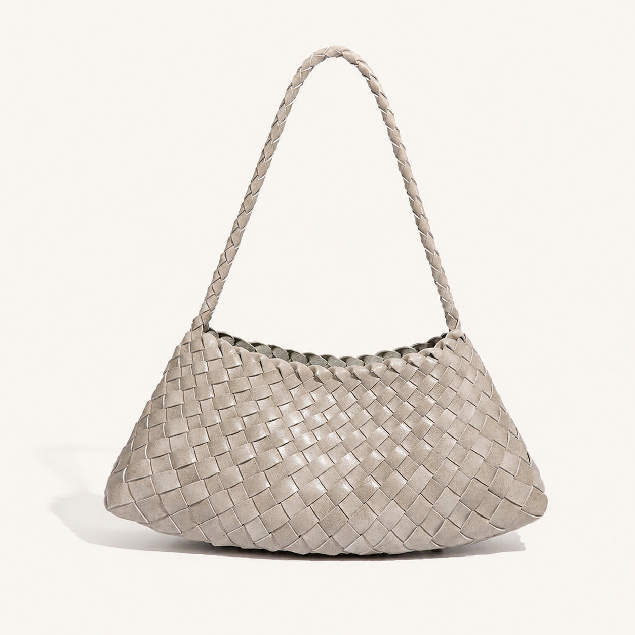 Light grey woven vegan leather shoulder bag with neutral soft structure