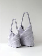 Lilac purple woven vegan leather tote bag shown in size options