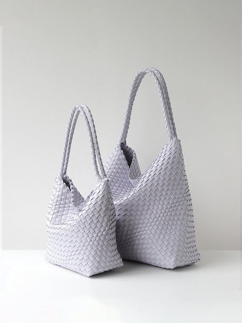 Lilac purple woven vegan leather tote bag shown in size options