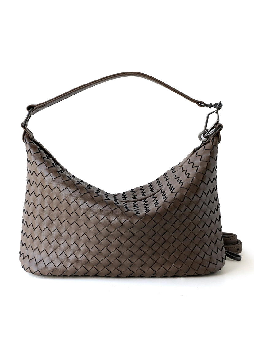 Mocha brown leather woven crossbody bag
