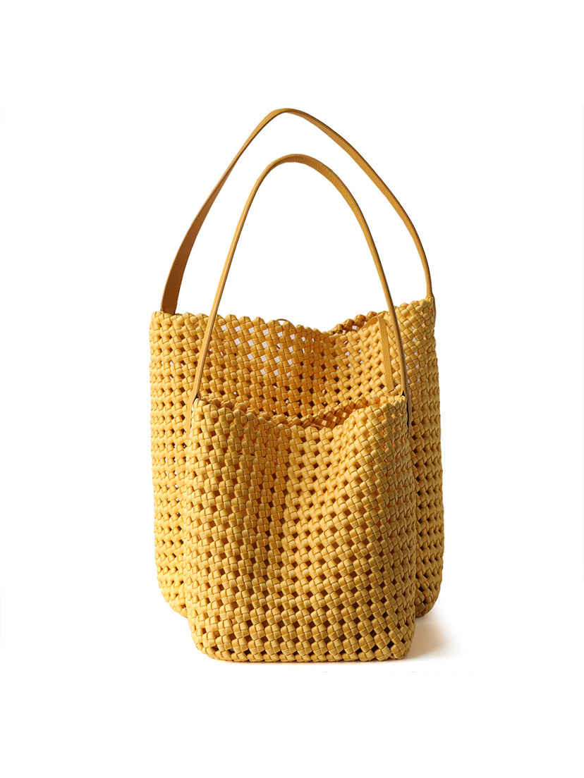 Small and large mustard yellow genuine leather hollow woven handbags featuring a breathable, artisan lattice design.