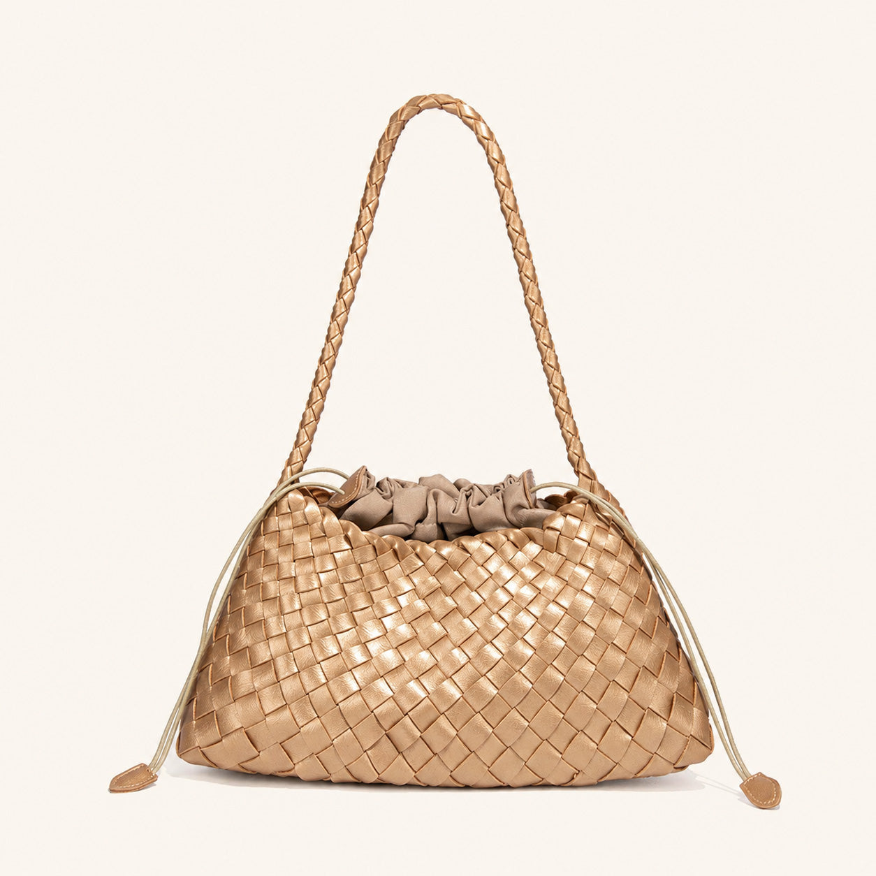 Natural beige woven vegan leather shoulder bag with long shoulder handle