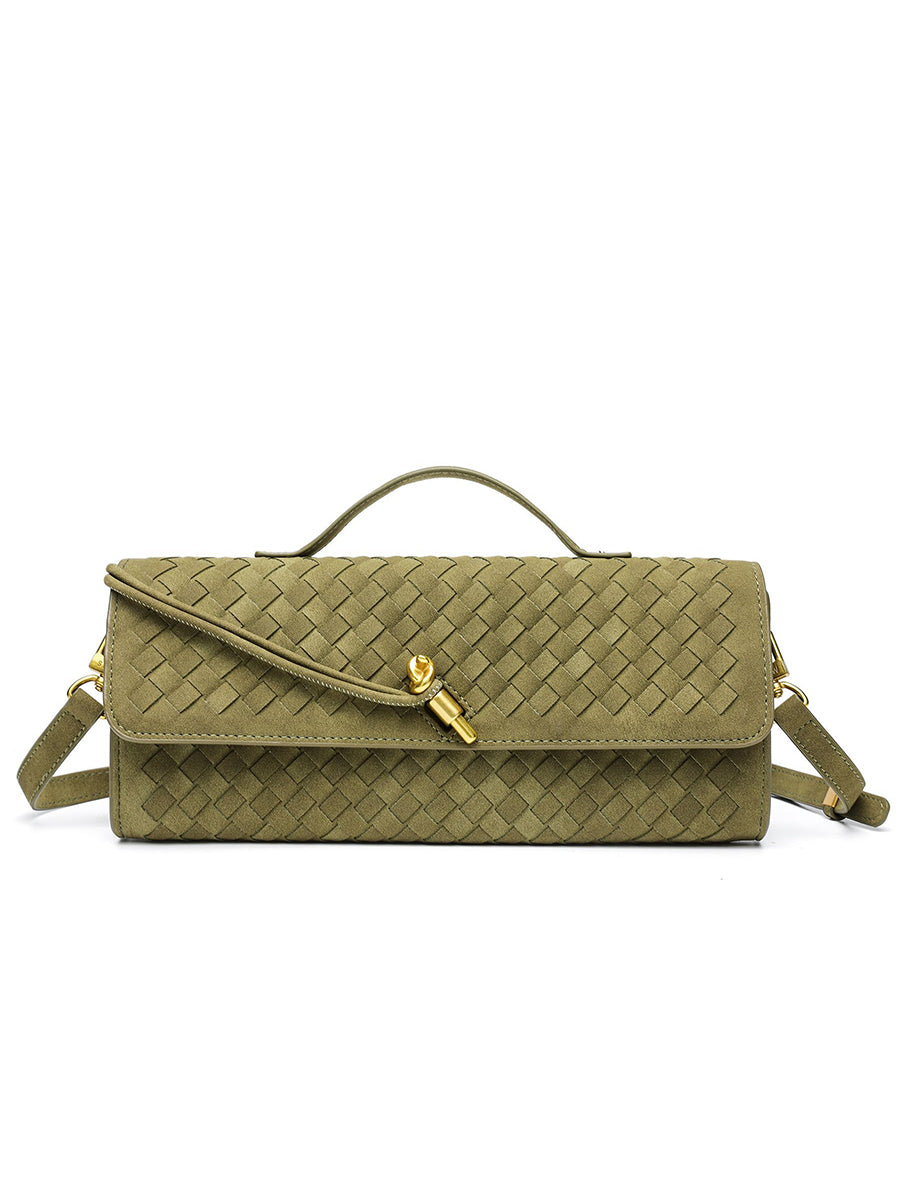 Olive green woven vegan leather evening clutch with an adjustable strap and timeless flat weave artisan craftsmanship.
