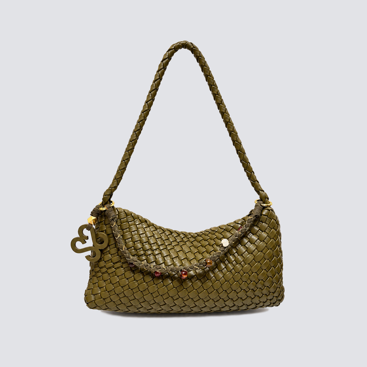 Front view of an olive green woven vegan leather shoulder bag with a braided strap and beaded accent