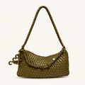 Front view of an olive green woven vegan leather shoulder bag with a braided strap and beaded accent