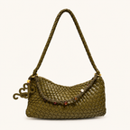 Front view of an olive green woven vegan leather shoulder bag with a braided strap and beaded accent