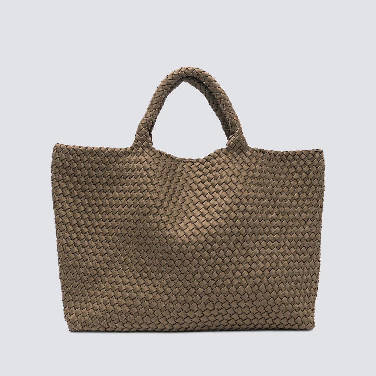 Front view of an oversized taupe woven vegan leather tote bag