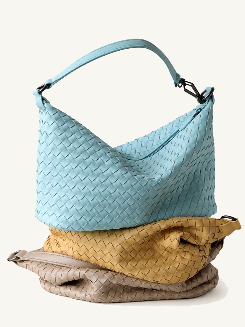 Pastel woven genuine leather hobo bags in blue, yellow, and beige
