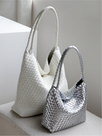 White and metallic silver woven vegan leather shoulder bags