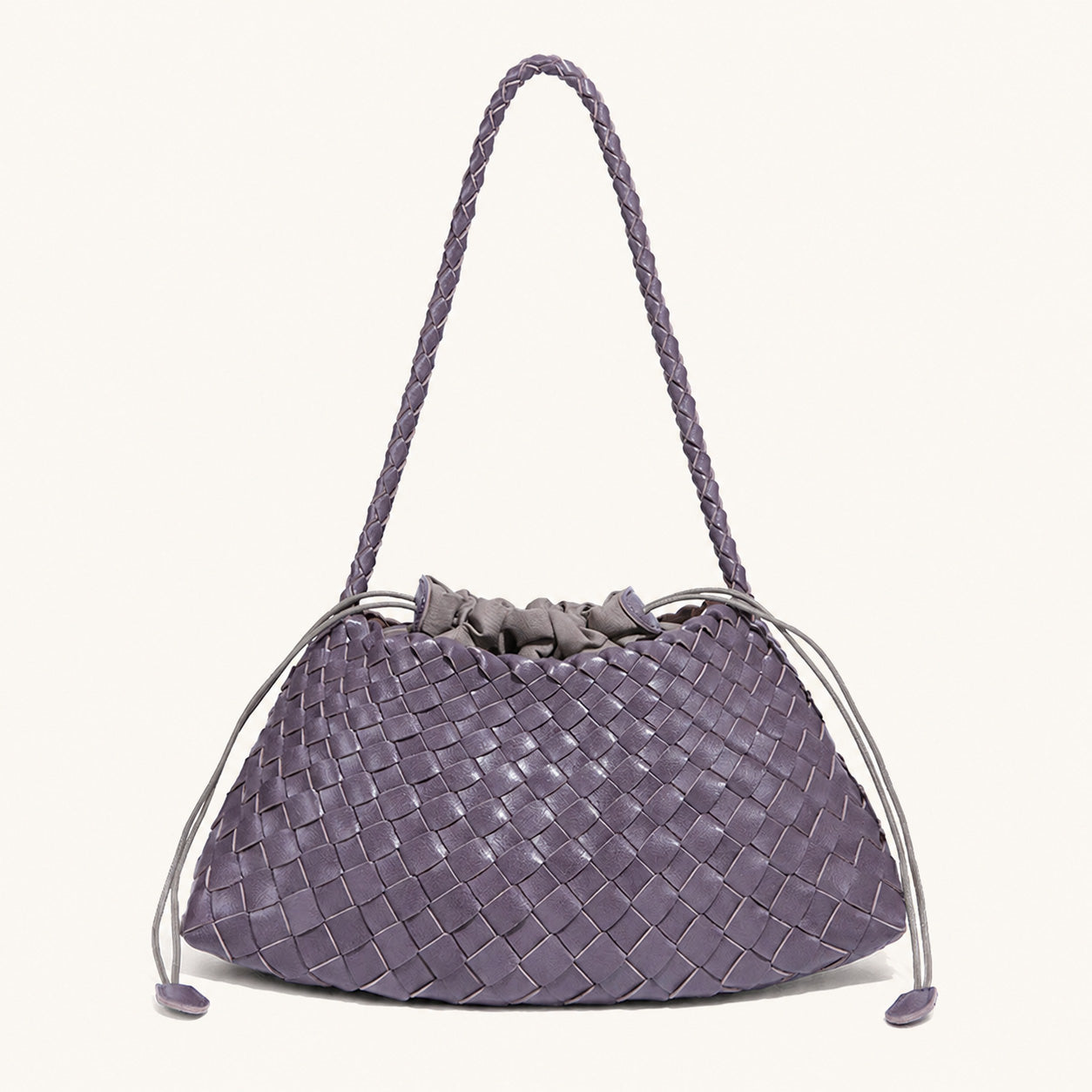 Purple woven vegan leather shoulder bag with relaxed curved silhouette