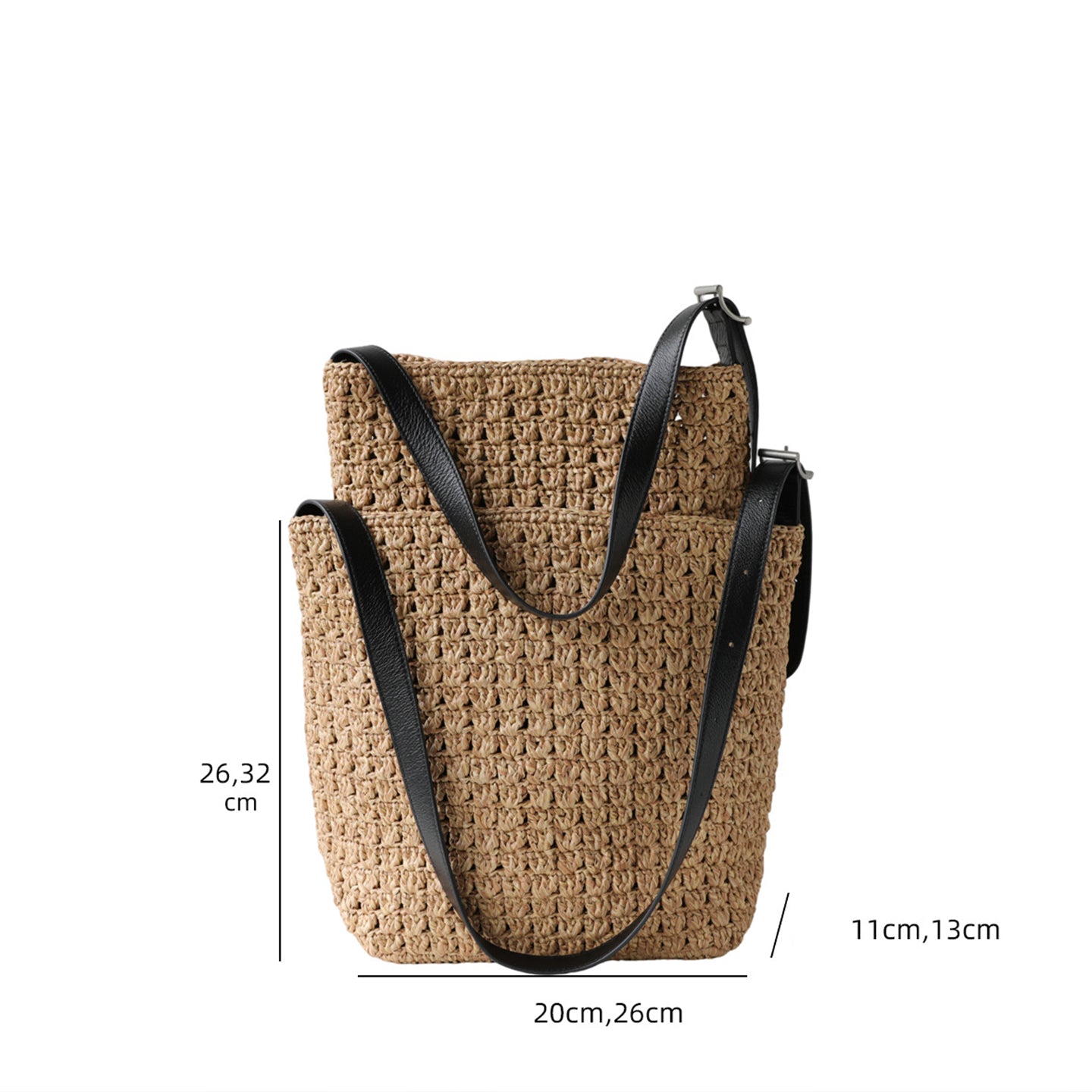 Size comparison of the slouchy raffia summer bags showing small and large options