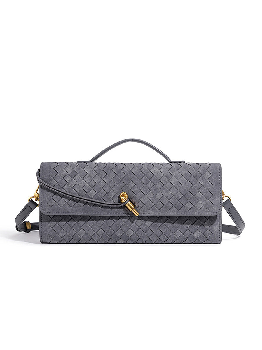 Sophisticated slate grey matte woven vegan leather purse featuring a structured slim profile and a chic gold-tone knot lock.